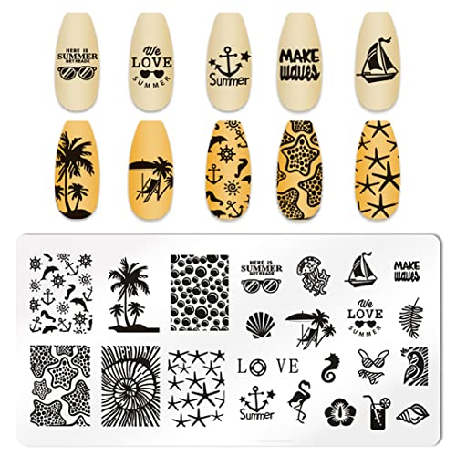 6pcs Seaside Scenery Nail Stamping Plate Nail Stamping Kit for Nails Summer Beach Coconut Trees Sunset Waves Sea Animals Image Plates Nail Stamper Kit - color: Seaside Scenery Nail Stamping Plate