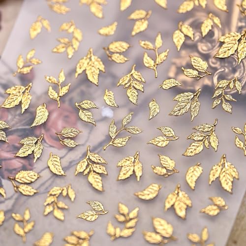 1 Sheet Fall Gold Leaf Nail Stickers 5D Embossed Self-Adhesive Nail Decals Metallic Leaves Nail Design Nail Stickers Autumn Golden Leaves Thanksgiving Supplies for Women Nails Decoration Accessories - color: Gold Leaf