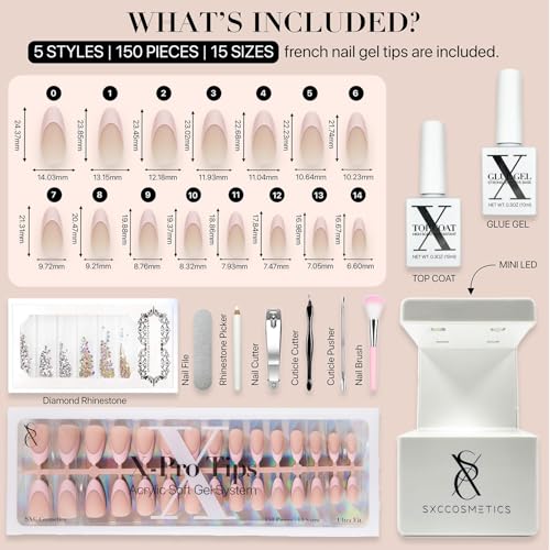 SXC Cosmetics French Tip Press On Nails - Skin Tone Nude and Color Series, Medium Almond X-Pro Tips Starter Kit ST115KIT - color: Skin Tone - M Almond