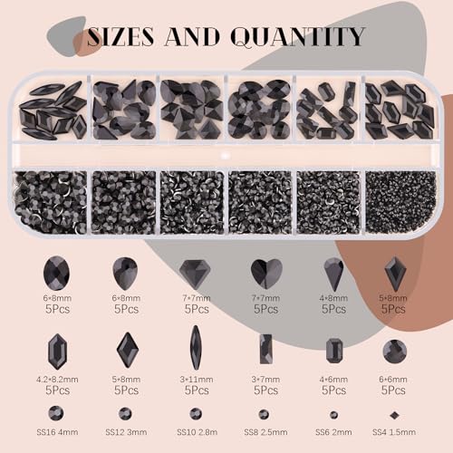 2060Pcs Black Glass Nail Rhinestones 60Pcs Multi Shapes Flatback Nail Gems + 2000Pcs 1.5-4mm Round Crystal, Manicure Nail Charms Diamond Gemstones for Acrylic Nails Decoration - color: 26 Black Crystal, size: 1 pack