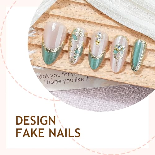 RUOKEXIN Long Almond Press on Nails French Tip Fake Nails Green False Nails with 3D Gold Flower Designs Stiletto Nail Press ons Sparkly Artificial Nails for Women 30Pcs - color: Almond Style 11-17