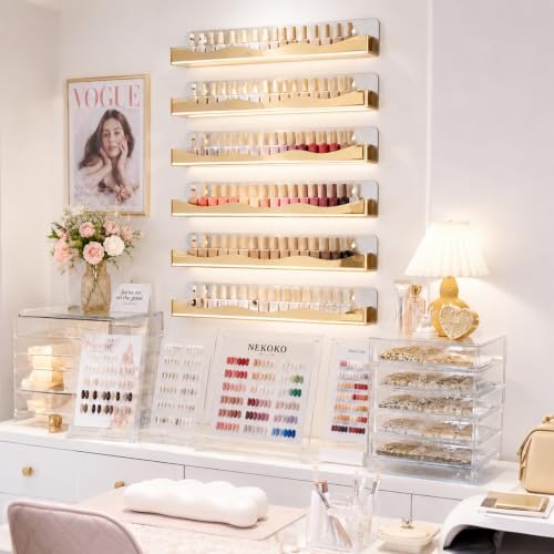 15" Nail Polish Wall Rack 6 Pack, Wall Mounted Organizer Holds 66+ Bottles - color: Gold-polished