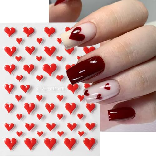 Valentine’s Day Nail Art Stickers 5D Embossed Heart Nail Decals Self-Adhesive Nail Art Supplies 2PCS Romantic Red Love Heart Valentines Nails Design Adhesive Stickers for Nails Manicure Decorations - style: 5d red heart