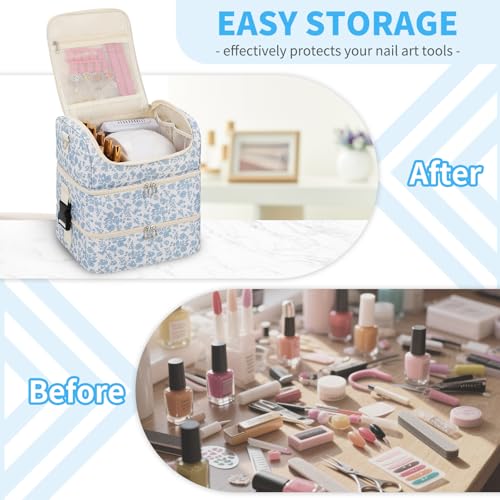 CUBETASTIC Nail Polish Organizer, Nail Supplies Storage Case Holds 86 Bottles Nail Polish & Nail Lamp, Travel Nail Tech Carrying Bag, Nail Kit Bag For Nail Stuff & Manicure Tools - color: Blue Floral, size: 86 Slots