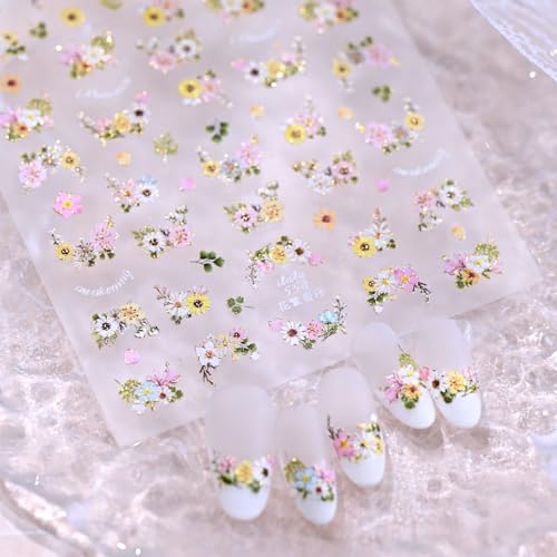 1 Sheet Colorful Daisy Flower Nail Art Stickers 5D Self-Adhesive Embossed Floral Nail Decals Cherry Blossom Nail Design Cute Floral Nails Supplies for Women Spring Summer DIY Nail Decor Accessories - style: daisies