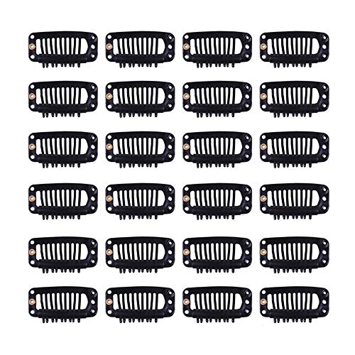 YANTAISIYU 24 pcs/lot 32mm 9-teeth Metal Wig Clips with Rubber Stopper, Invisible Hairpiece Wig Accessories Clips (Black) - color: Black, style: 32mm 24pcs