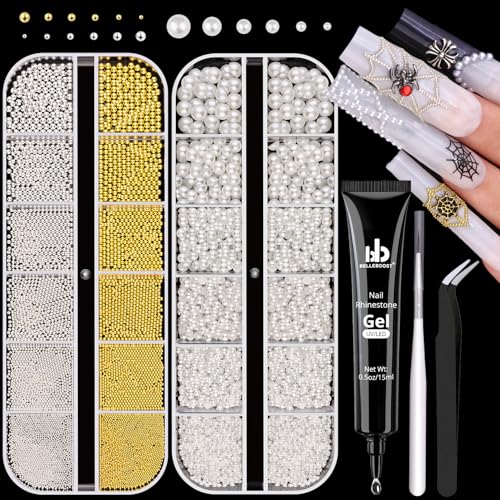 Nail Beads and Flatback White Nail Pearls for Nails Pearl Charms with Glue - color: 08 2 Boxes Nail Art Decos Set 2+Glue