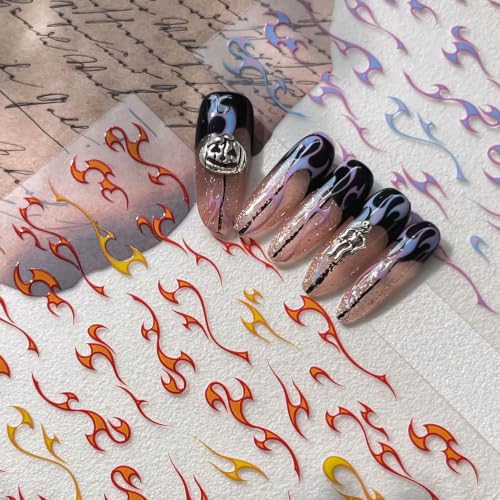 WOKOTO 4 Sheets Halloween Nail Stickers, Spider & Flame Nail Decals in Foil Gold Foil Silver Orange-Red & Blue-Purple, Self-Adhesive Gothic Nail Art Decals for Women Girls Halloween Manicure DIY Nails - color: Spider & Flame
