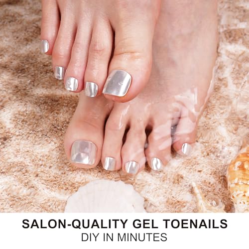 DANNI & TONI Semi Cured Gel Toenail Strips Sliver (Gloss Babe) Mirror Toe Nail Stickers Gel Pedi Wraps 37 Stickers - color: Gloss Babe