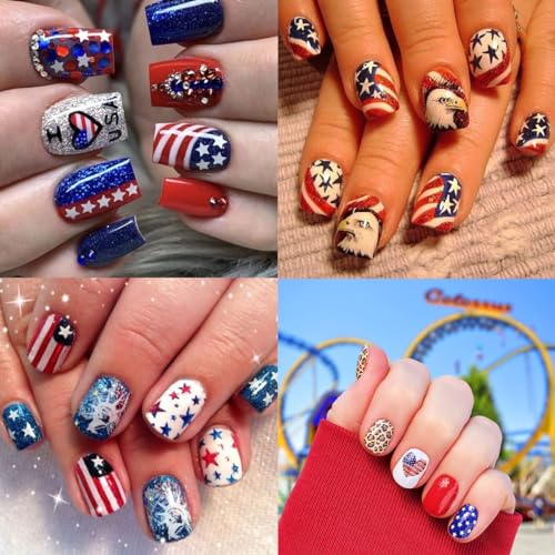 10Pcs 4th of July Nail Stickers Patriotic Nail Decals Independence Day Nail Art Stickers American Flag Stars Eagle Fireworks Heart Nail Design Supplies Memorial Day DIY Nail Decoration for Women Girls - style: independence day-1