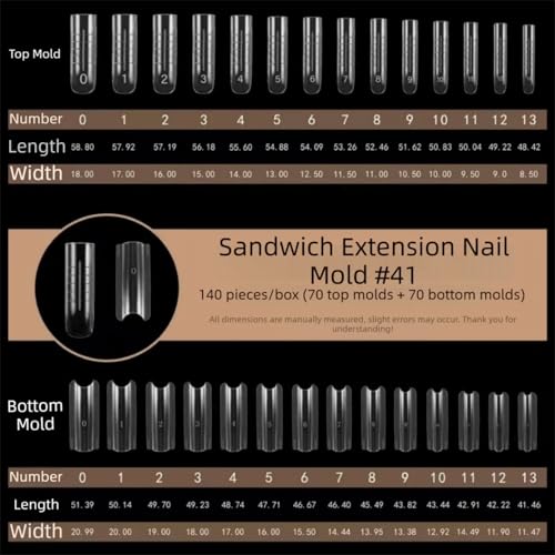 140Pcs Sandwich Dual Nail Forms 14sizes Quick Building Gel Nail Extensions-Dual Form with Reusable Top and Bottom Mold Tips (No.#41 (140Pcs)) - size: No.#41 (140Pcs)