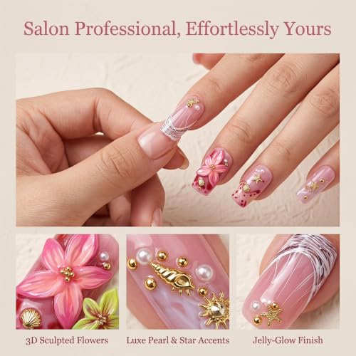 Press on Nails Medium Coffin Pink 3D Flower Handmade False Nalis - color: style18