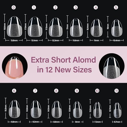 Misssix Extra Short Almond Gel Nail Tips Kit, 216Pcs Pre Etched Clear Nails