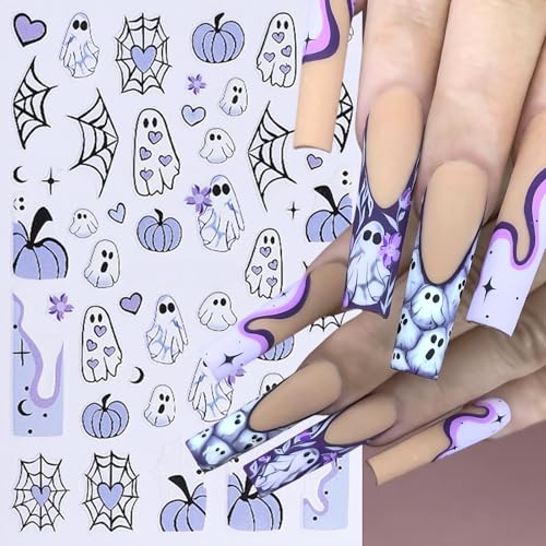 8Sheets Halloween Cute Heart Ghost Nail Stickers 3D Self-Adhesive Pumpkin Spider Web Nail Decals Pumpkin Bat Spider Web Black Cat Nails Design Star Nail Accessories for Women Holiday Manicure Decor - style: spider web