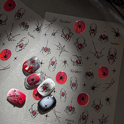 1Sheet Halloween Spider Nail Stickers for Nail Art Spider Web Nail Art Stickers 5D Embossed Halloween Nail Decals with Crystal Red Spider Web Nail Designs Manicure Decor for Women Manicure Supplies - style: spider web