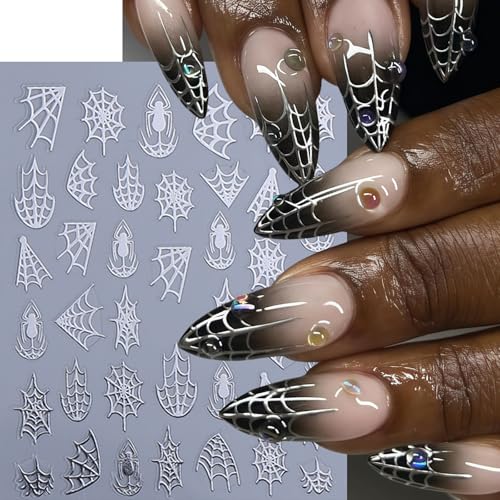 10 Sheets Halloween Nail Stickers for Nail Art 3D Self-Adhesive Spider Nail Decals Spider Web Nail Art Stickers Black White Gold Silver Laser Spider Web Nail Design for Acrylic Women Manicure Decor - style: laser spider web