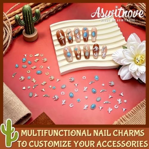 61 Pcs Western Turquoise Nail Charms 3D Metal Cowboy Cowgirl Nail Gems Charms Turquoise Bull Head Horseshoe Western Charm Stickers for DIY Nails Art Phone Case Crafts Rodeo Concert Outfits S - color: Gold and Silver 64pcs