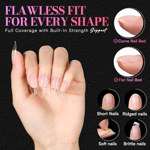 Makartt Medium Almond Nail Tips: 504 PCS Pre-Etched Clear False Nails Tips Almond Shapes, 15 Sizes Full Cover Half Matte Soft Acrylic Press On Nail Extensions Supplies Salon and DIY at Home - size: Medium