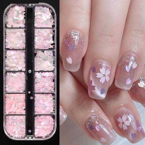 Spring Flower Nail Glitters Pink Glitter Cherry Blossom Heart Nail Sequins Set of 12 Boxes, Elegant Mini Floral Butterfly Nail Decor Accessories 3D Flower Nail Decals Holographic Glitters for Women - color: Cherry Blossom Heart