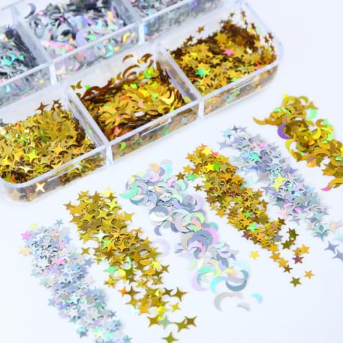 Gold Silver Nail Art Glitter Sequins Star Moon Holographic Nail Flakes - color: Style04