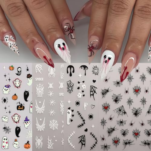 8 Sheets Halloween Glow in The Dark Nail Art Stickers 3D Self-Adhesive Luminous Ghost Heart Spider Web Nail Decals Gothic Skull Spider Pumpkin Supplies Nails Decoration for Women Manicure Accessories - style: fluorescent ghost