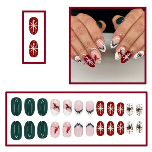 24Pcs Christmas Press on Nails Short Almond Fake Nails Red Green Xmas Nails - color: Winter Christmas Nails-10