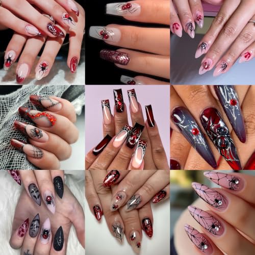 4Sheets Spider Nail Stickers Halloween Nail Decals 3D Self-Adhesive Spider Web Nail Art Stickers with Shiny White Rhinestones Design Goth Halloween Holiday Nails Supply for Women Manicure DIY - color: Halloween09