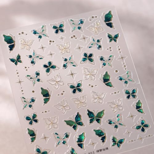 Butterfly Nail Stickers 5D Embossed Gold Green Butterfly Nail Art Sticker Self Adhesive Nail Decals Summer Nail Art for Women Manicure Supplies Nails Art Decorations - color: Style-23