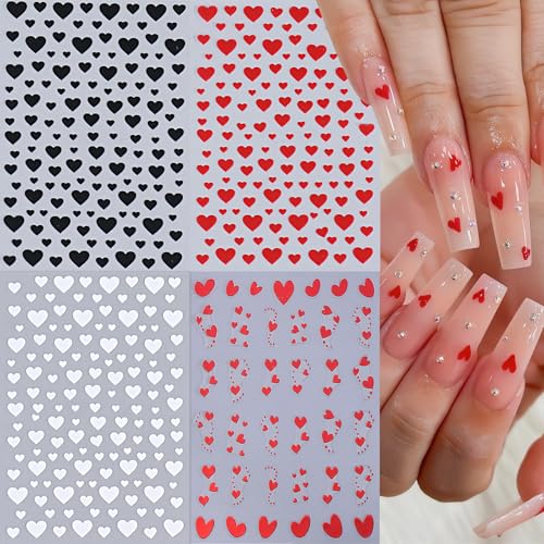 8Sheets Heart Nail Stickers Red Love Nail Decals 3D Self-Adhesive Valentine's Day Nail Art Stickers White Black Heart Nails Design Little Love Hearts Nail Supplies for Women Girls Acrylic DIY Manicure - style: red heart