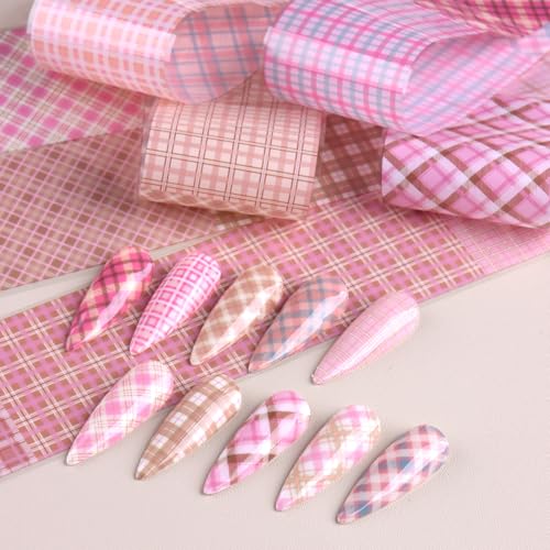 10 Rolls Plaid Nail Art Transfer Foil Pink Plaid Checkered Designs - color: Pink Plaid
