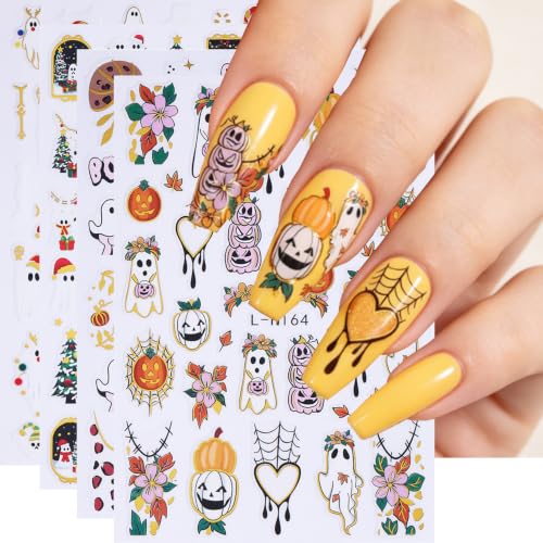 Halloween Ghost Nail Art Stickers Pumpkin Face Spider Webs Nail Art Decals 4 Sheets 3D Self-Adhesive Halloween Stickers Flower Maple Leaves Nail Designs for Women Holiday Nail Supplies Decorations - color: Halloween Style9