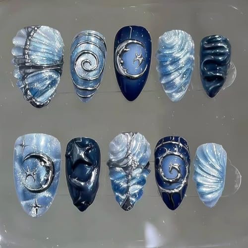 30Pcs Goth Press On Nails Short Almond Fake Nails Y2K Dark Blue Starry Sky Acrylic Nails with 3D Chrome Silver Moon Star Swirl Design Reusable Full Cover Glue on False Nails for Women Manicure - color: special Gothic-16