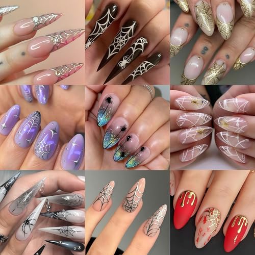 10 Sheets Halloween Nail Stickers for Nail Art 3D Self-Adhesive Spider Nail Decals Spider Web Nail Art Stickers Black White Gold Silver Laser Spider Web Nail Design for Acrylic Women Manicure Decor - style: laser spider web