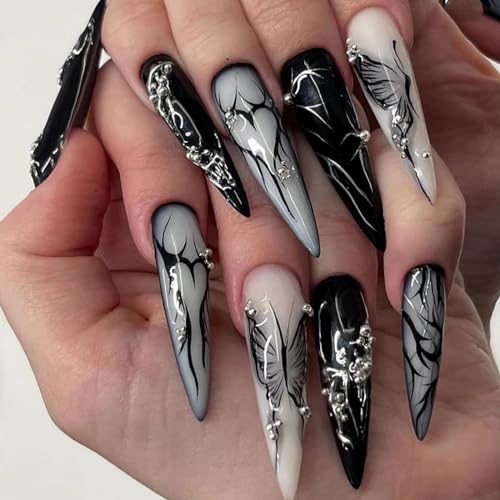 MISUD Press on Nails - Long Stiletto Glue on Nails with Goth Black, Acrylic Gothic Butterfly Design 24 pcs - color: 06103-01-01Black