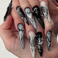 MISUD Press on Nails - Long Stiletto Glue on Nails with Goth Black, Acrylic Gothic Butterfly Design 24 pcs - color: 06103-01-01Black