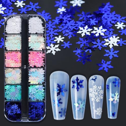 1 Box 12 Color Holographic Snowflake Nail Glitter Laser Ombre White Nail Sequins 3D Blue Nail Flakes Sparkly Glitter Flakes Shiny Nail Art Glitter Winter Christmas Nail Sequins Glitter for Nails Art - color: YHN17