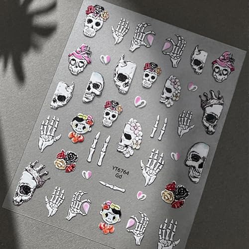 Halloween Nail Stickers for Nail Art Charm Skull Halloween Fingernail Nail Art Stickers Black 5D Embossed Nail Decals 3D Self-Adhesive Nails Supply Manicure Sliders for Nail Decoration - color: Halloween Style13