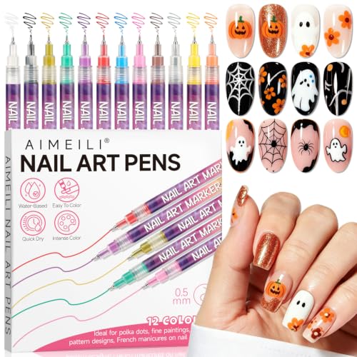 AIMEILI 12 Colors Nail Art Pens Set, 0.5mm Fine Tip Acrylic Paint Pens for Salon & Home DIY Nail Design, Dotting Drawing Liner Brush for Manicure, Nail Polish Art Decoration Kit 2 - color: VD-PEN02