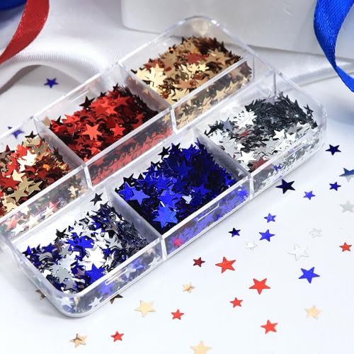 1 Box 6 Color Holographic Star Nail Glitter Red Blue Nail Sequins 3D Gold Silver Nail Flakes Sparkly Powder Flakes Patriotic Independence Day Nail Sequins Glitter for Nails Art 6 Grids - color: Color 28