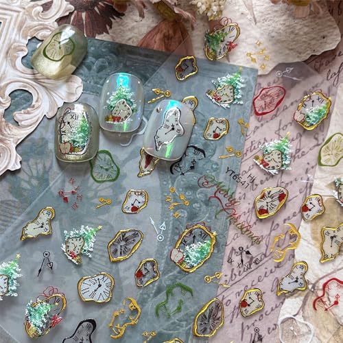 Christmas Nail Stickers for Nail Art New Year Golden Clock Colorful Nail Art Stickers Holiday 5D Embossed Nail Decals Self-Adhesive Nails Supply Manicure Sliders for Nails Decoration - color: New Years Clock1
