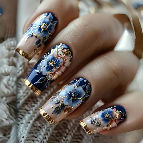 Blue Press on Nail Long Coffin Fake Nails with Flower designs Stick on Nail Full Cover Gold French Tip Press ones Glossy Luxury False Nails Reusable Spring Glue on Nails for Women 24pcs - color: style2