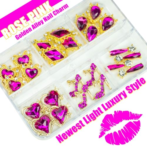 qiipii 24pcs Rose Pink Nail Rhinestones Luxury Nail Charms Rose Red Heart Charms for Nails 3D Big Nail Gems K9 Glass Crystals Diamonds Jewelry Stones Alloy Nail Art Studs Decor for Arylic Nails Crafts - color: Luxury Charms - Rose Red, size: 1 Box