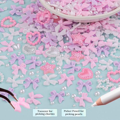 600 Pcs 3D Nail Bow Charms and Flatback Pearls Nail Charms Set 4 - color: Set 4- Pink&White&Lilac A Style