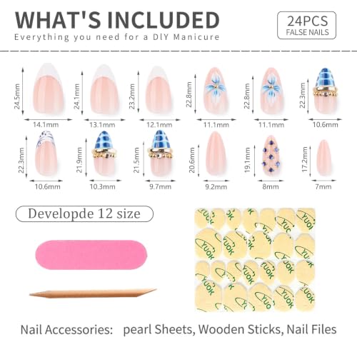 Medium Almond Press On Nails, 3D Blue Flower French, 24 Pcs - color: 106-Blush Blue Pearl