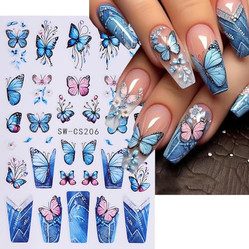 Butterfly Nail Art Stickers, Butterfly Nail Decals 3D Self Adhesive with Blue Purple Pink Yellow Butterflies Flower Design 6Pcs Spring Nail Art Supplies for Women Girls Spring Summer Nail Decoration - style: style2