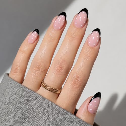 Polka Dot Press On Nails - Black French Tip Almond Fake Nails - color: 3C - Black French Dot