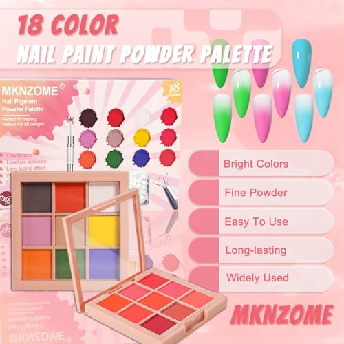 18 Colors Pigment Powder for Nails, Nail Pigment Powder Palette and Nail Art Sponges with Grabbing Pen, Ombre Aura Nail Powder Set Pigmentos para Uñas, Manicure, D+E - color: multicolored-F