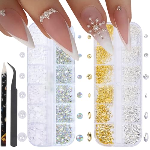 Nail Charms - Metal Silver & Gold Beads, Flatback Half Round Rhinestones, Small Nail Pearls, 3D Mixed Sizes Decorations for Nails Kits - color: Silver & Gold Beads Pearls Rhinestones