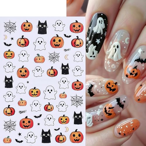 8Sheets Halloween Cute Heart Ghost Nail Stickers 3D Self-Adhesive Pumpkin Spider Web Nail Decals Pumpkin Bat Spider Web Black Cat Nails Design Star Nail Accessories for Women Holiday Manicure Decor - style: spider web