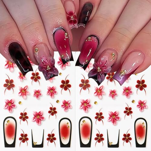 Flowers Nail Art Stickers Decals 5D Embossed Self-Adhesive Summer Flowers Nail Stickers French Tip Design Nail Decals Spring and Summer Flower Sticker for Women DIY Manicure Decoration Supplies - style: Flowers